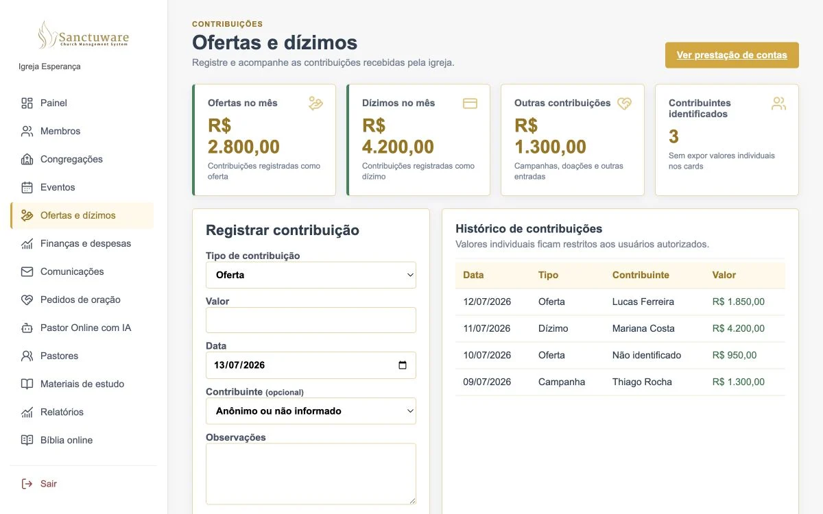 Ofertas e dízimos no Sanctuware